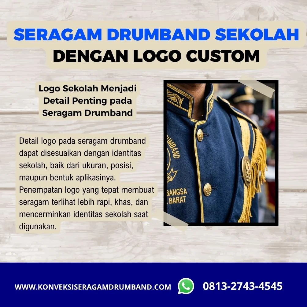 detail logo dan nama sekolah pada seragam drumband custom